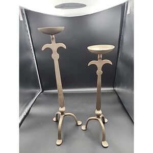 Hand Forged Hammered Metal Candle‎ Holders 15" & 18" Brutalist Nickel Color